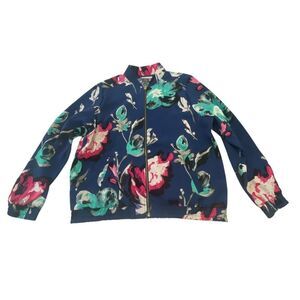 Susan Graver Jacket Womens M Blue Floral Bomber Zip Long Sleeve Elastic Hem